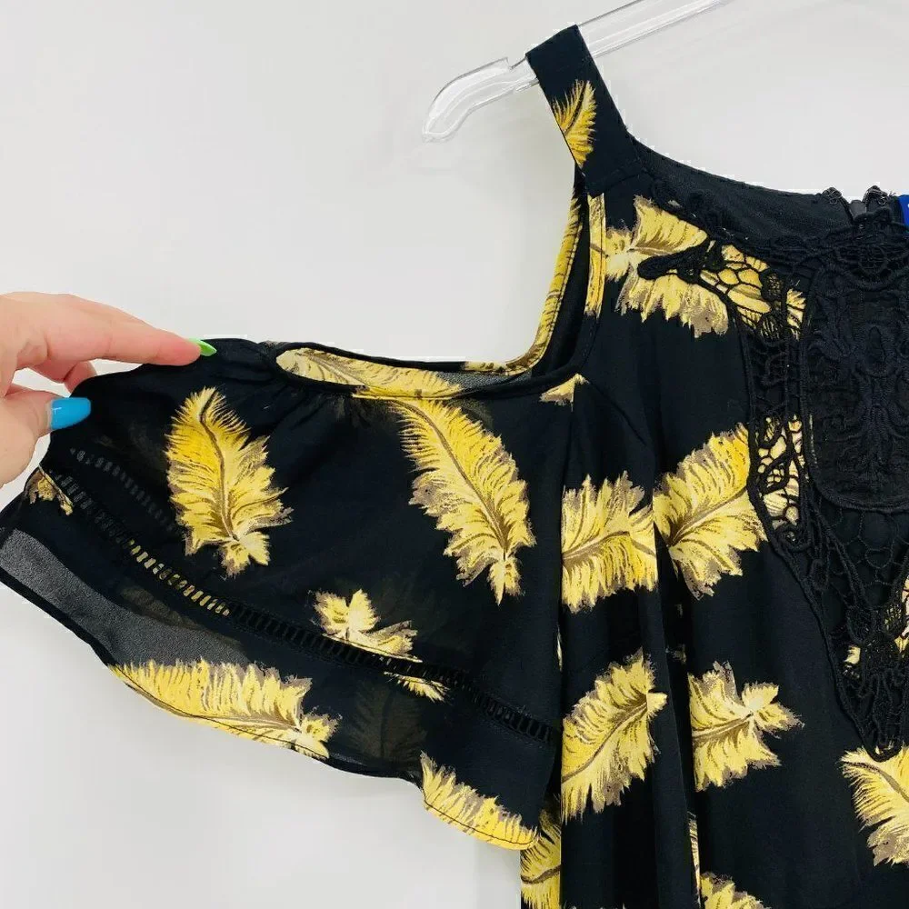 Disney Beauty and the Beast Large Black & Gold Feather Cold Shoulder Mini Dress - Picture 5 of 10